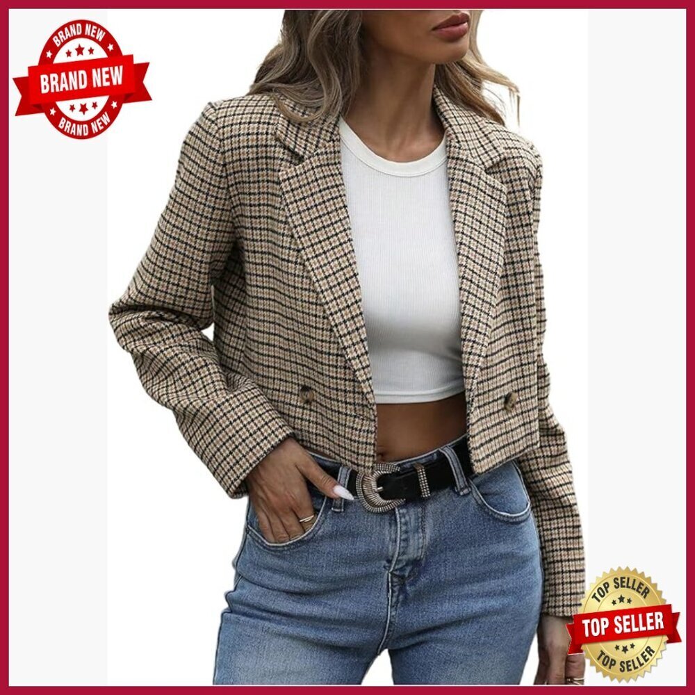 Plaid Houndstooth Cropped Blazer Long Sleeve Button Front Work Office